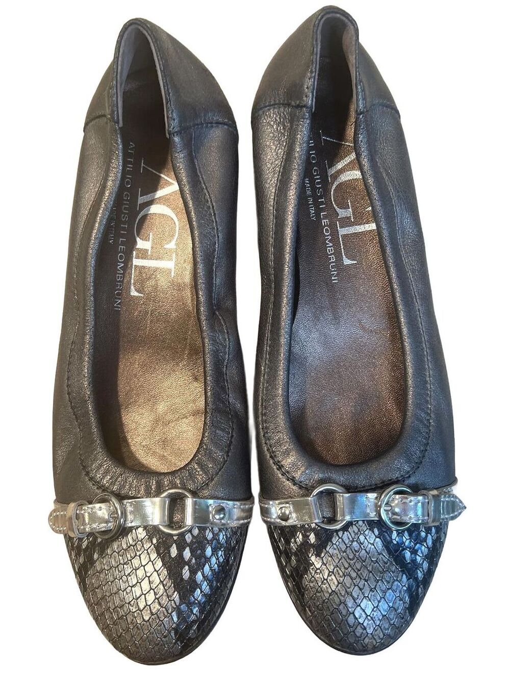 AGL Monika 39.5 Black Leather Snake Cap Toe Ballet Flats Made in Italy